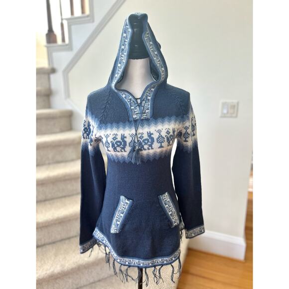 Blue & White Knit Alpaca Hooded Tassel Sweater - Picture 1 of 5